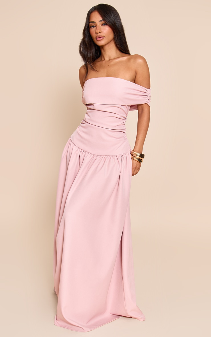 Petite Baby Pink Off Shoulder Pleated Maxi Dress image 1