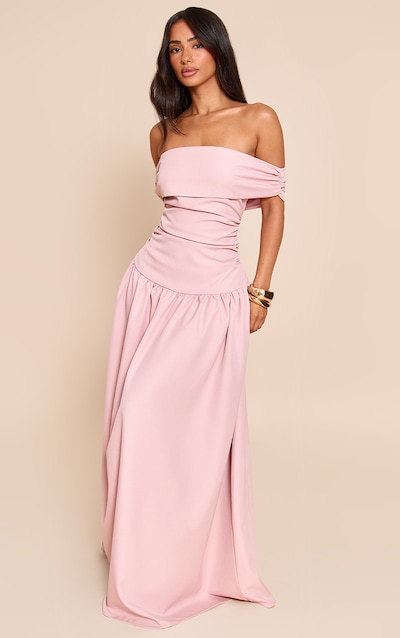 Petite Baby Pink Off Shoulder Pleated Maxi Dress