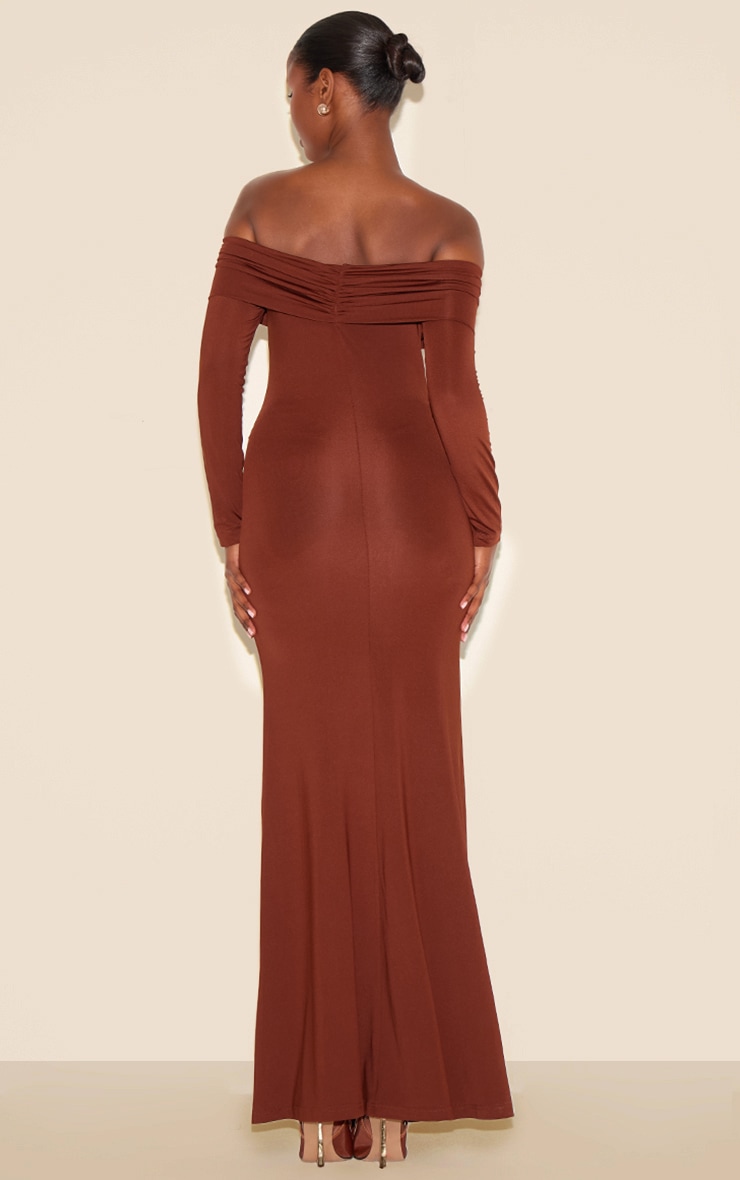 Chocolate Bardot Long Sleeve Trim Drape Detail Maxi Dress image 2