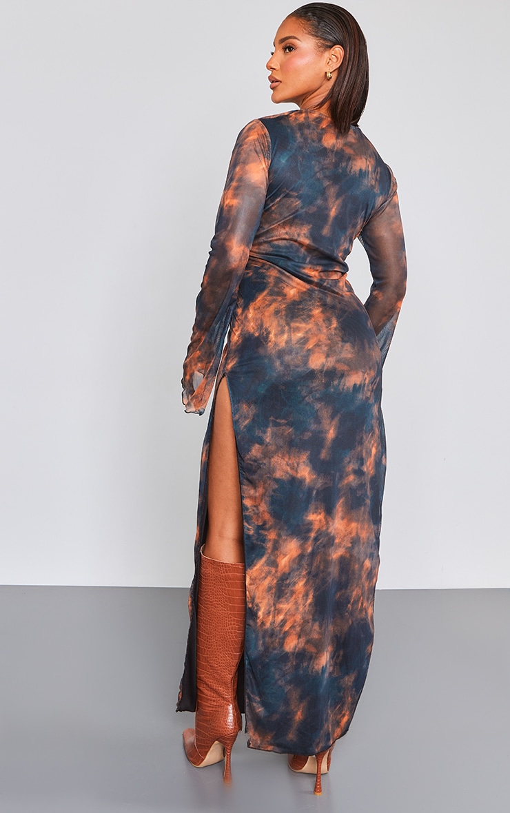 Black Abstract Print Mesh Flared Sleeve Midaxi Dress image 2