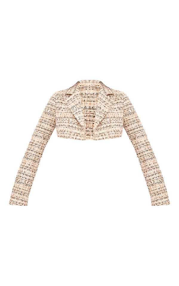 Beige Glitter Textured Cropped Blazer PrettyLittleThing
