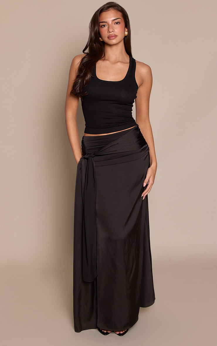 Black Satin Knot Drape Maxi Skirt image 1