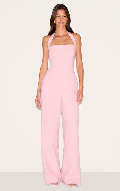 Dusty Pink Premium Woven Halterneck Straight Leg Jumpsuit