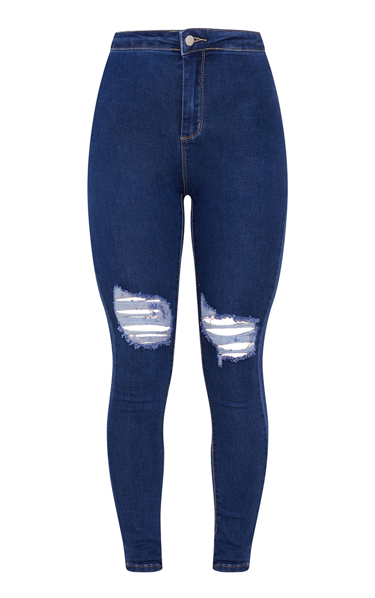 PRETTYLITTLETHING  Mid Blue Disco Knee Rip Skinny Jeans image 5