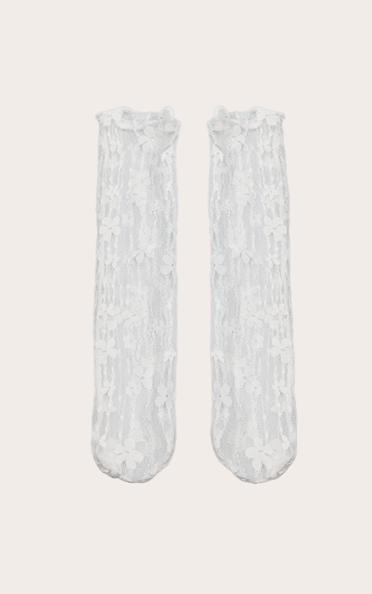 Chaussettes hautes en mesh crème et détails à dentelle fleurie image 2