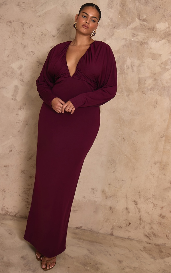 PLT Label Plus Mulberry Slinky Ruched Plunge Batwing Maxi Dress