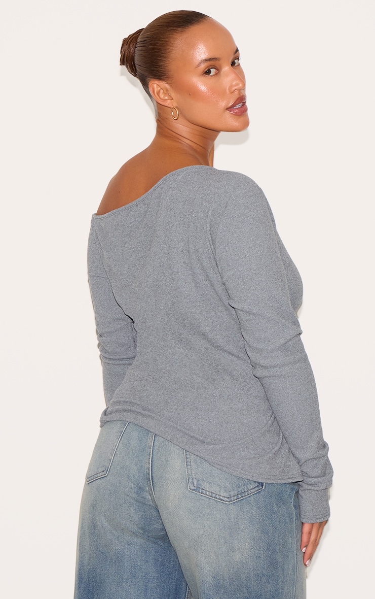 Plus Grey Bardot Soft Touch Rib Long Sleeve Top image 2