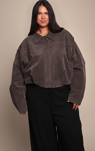 Plus Grey Faux Suede Covered Placket Bomber Jacket