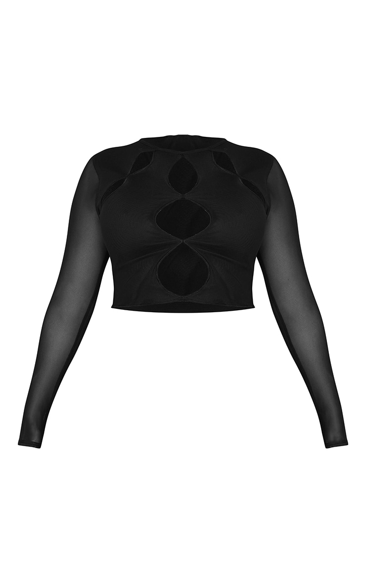 Shape Black Mesh Cut Out Long Sleeve Crop Top PrettyLittleThing AUS