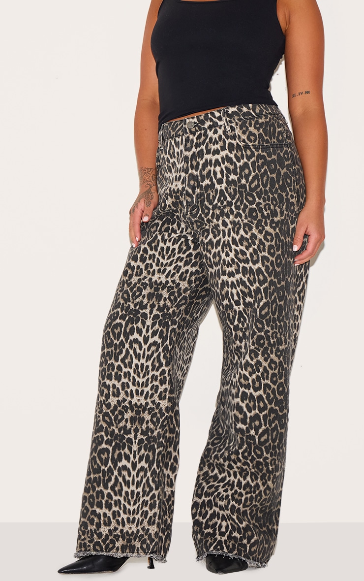 Plus Brown Leopard Print Denim Wide Leg Denim Jean image 2