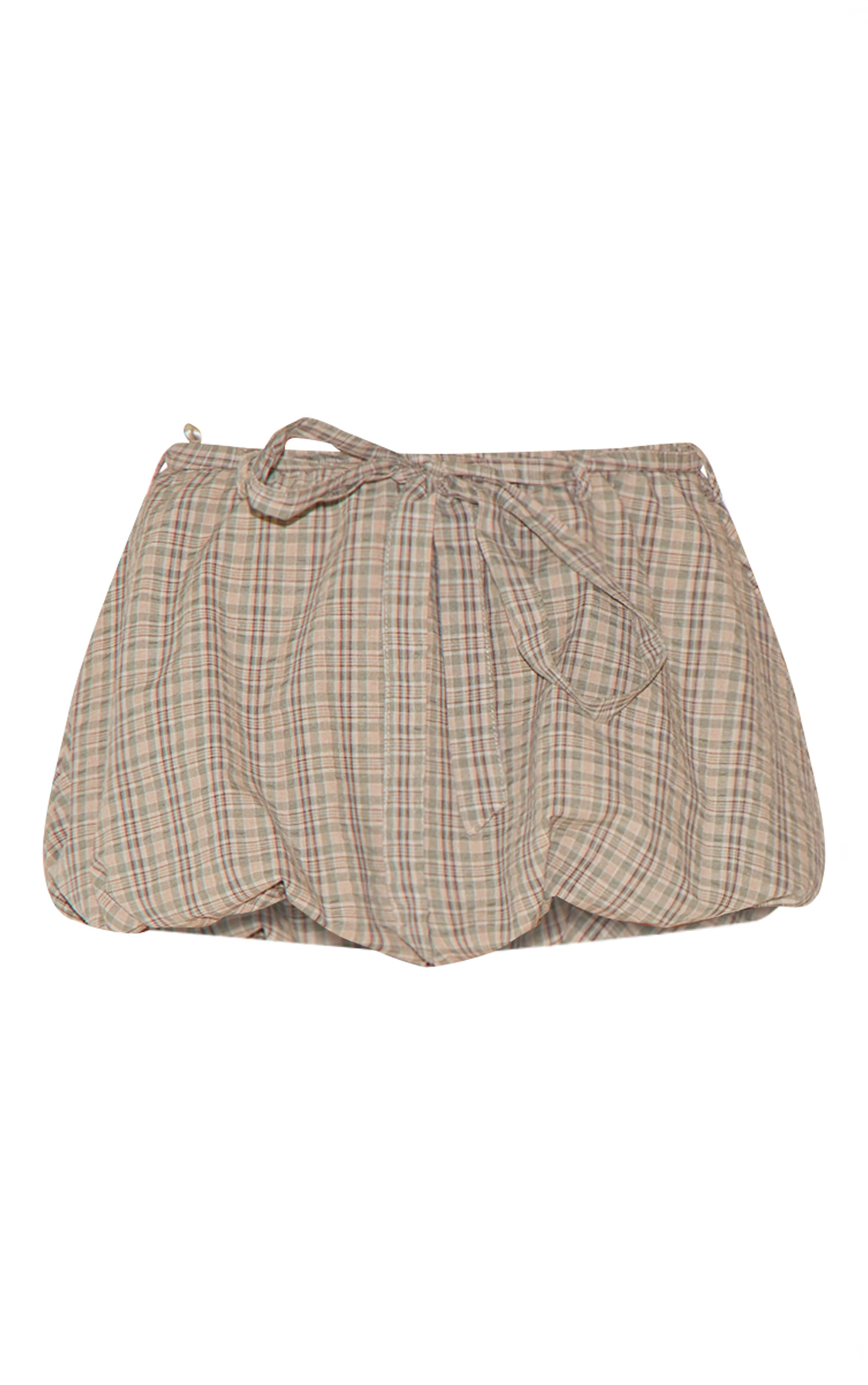 Green Check Print Tie Waist Cotton Puffball Skirt image 6