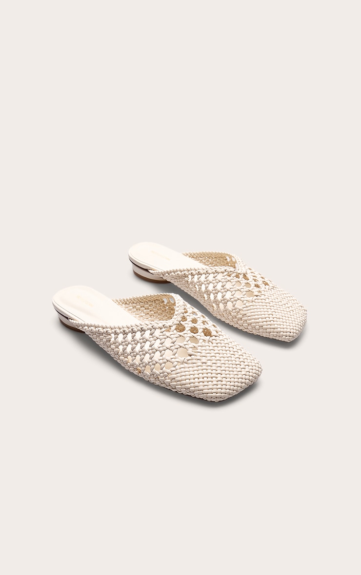 Cream Pu Square Toe Woven Flats image 3