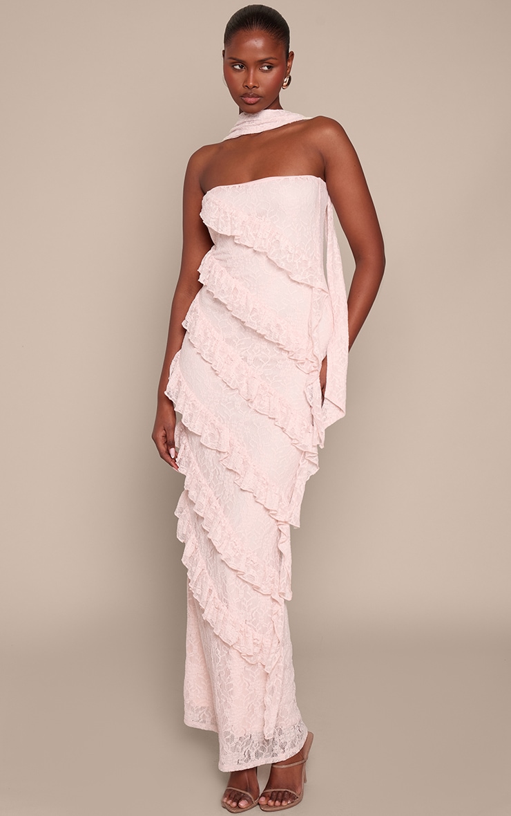 Robe longue asymétrique en dentelle rose à détail foulard image 1