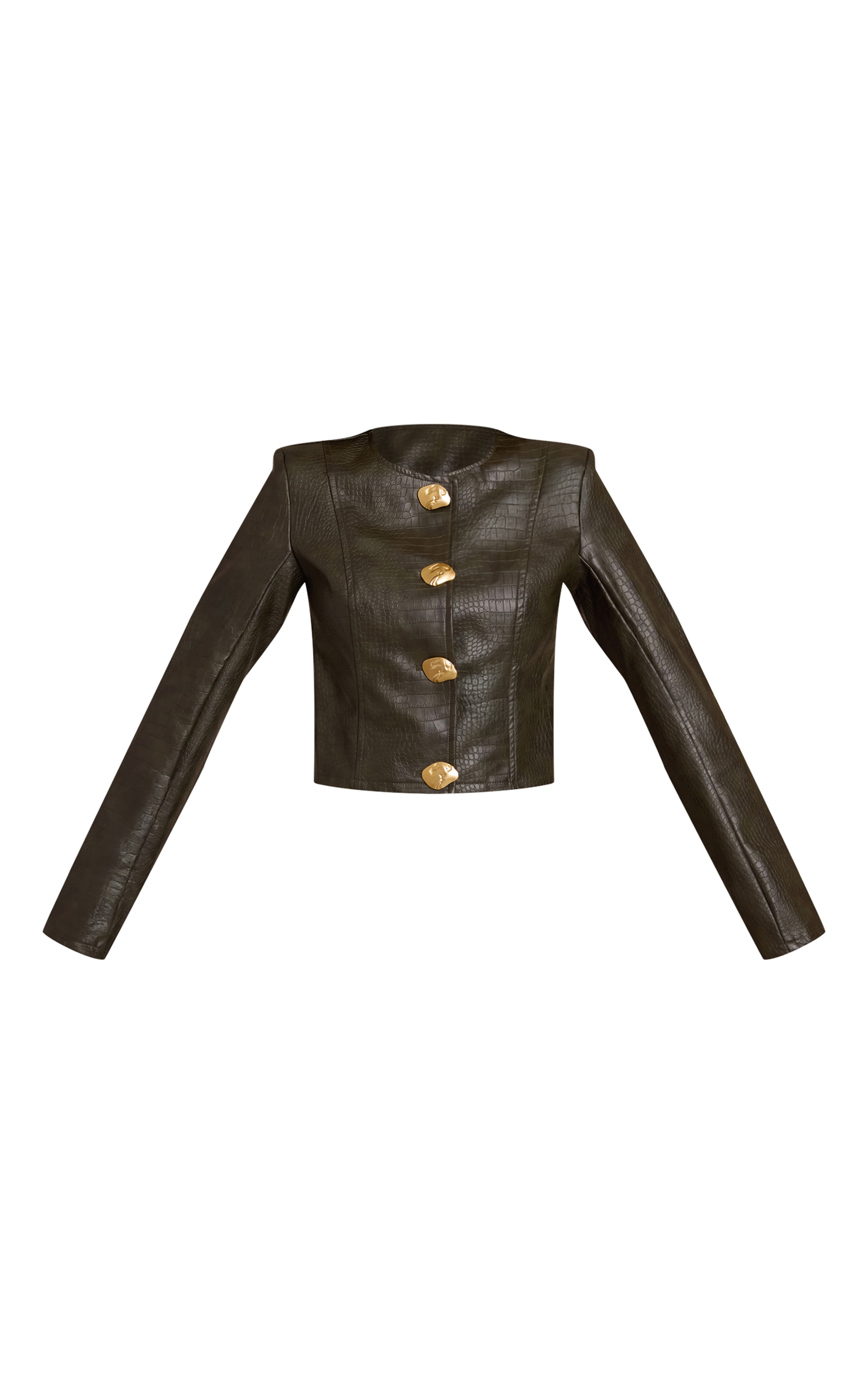 Khaki Croc Faux Leather Gold Trim Cropped Jacket image 5