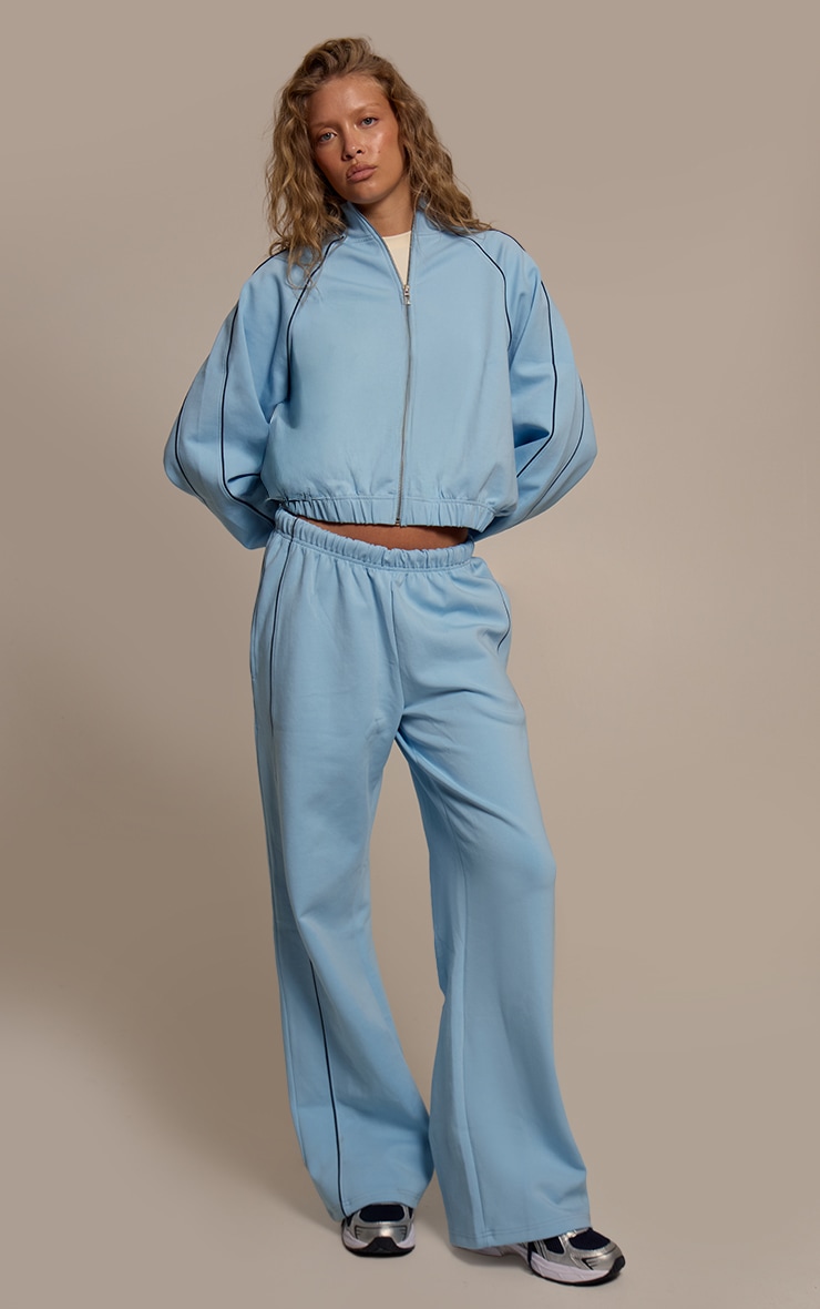 Blue Interlock Contrast Piping Bomber Sweatshirt image 3