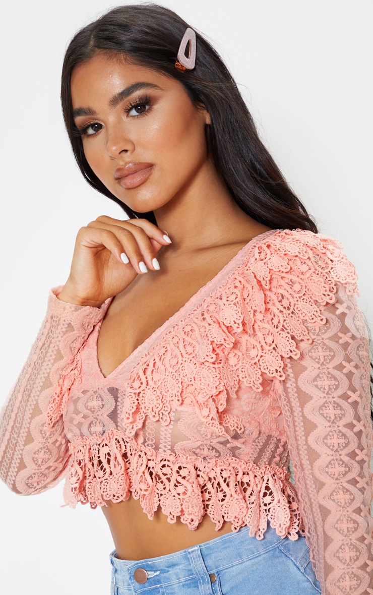 Petite Dusty Pink Peplum Lace Frill Detail Deep V Neck Blouse image 5