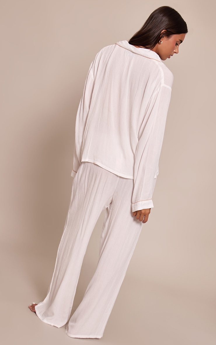 White Contrast Piping Crinkle Long Pj Set image 2