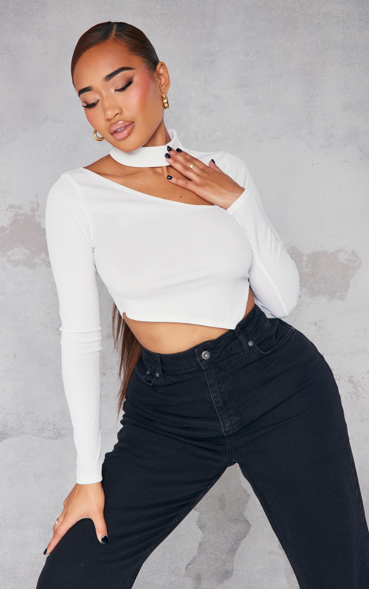 Shape White Rib High Neck Cut Out Curved Hem Crop Top image 3