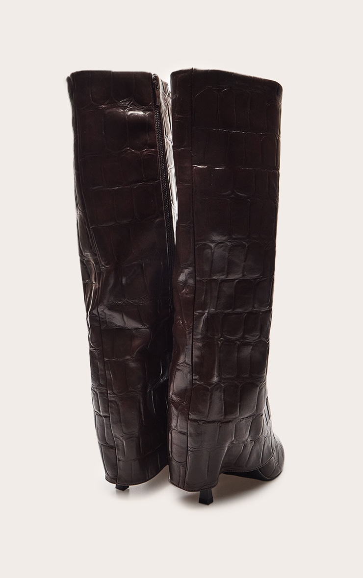 Chocolate Croc Faux Leather Stiletto Foldover Knee High Boots image 4