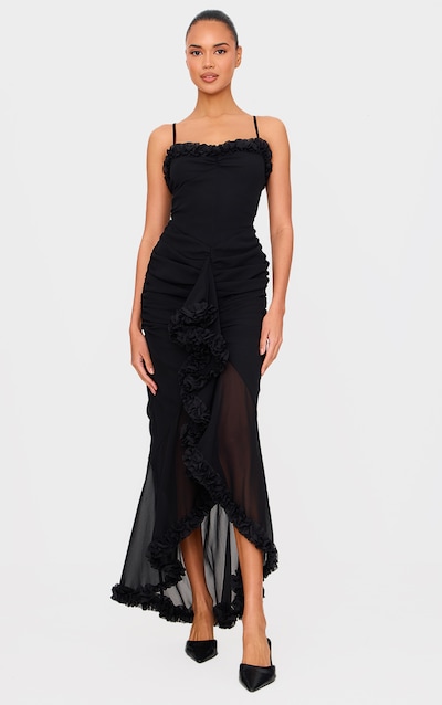 Black Strappy Ruched Drape Detail Maxi Dress