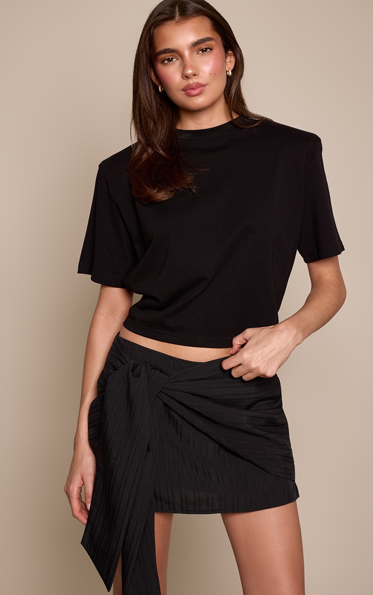 Black Textured Woven Wrap Tie Skort  image 2