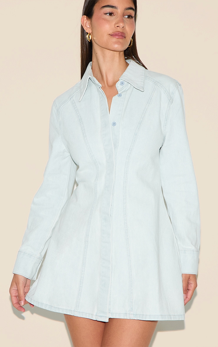 Ice Blue Long Sleeve Cinched Waist Denim Shirt Dress image 4