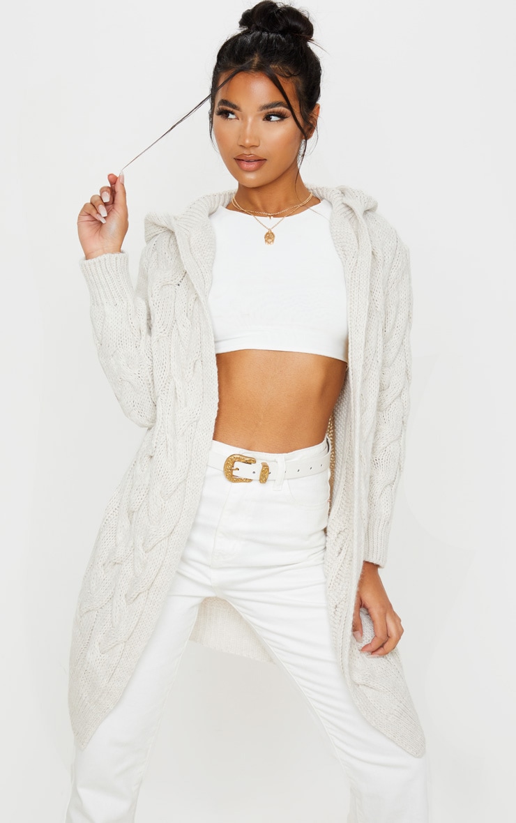 Stone Hooded Cable Knit Longline Cardigan