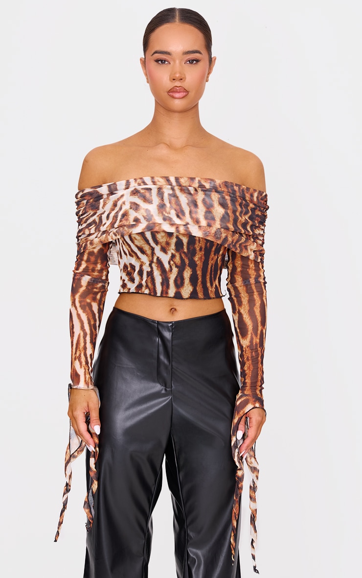 Brown Leopard Mesh Ultra Long Drape Sleeve Crop Top image 1