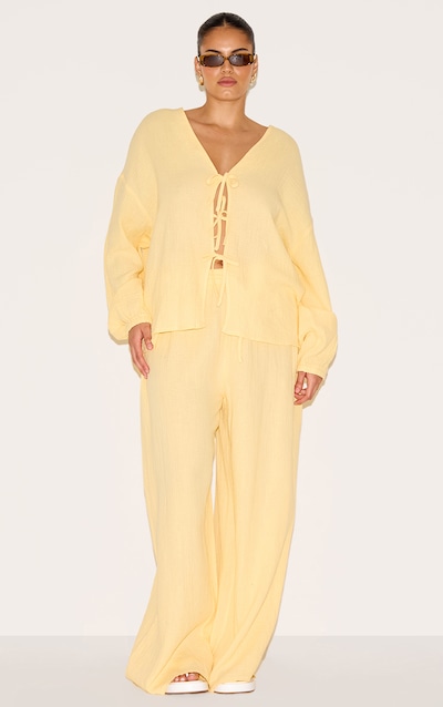 Plus Lemon Textured Cheesecloth Wide Leg Pants