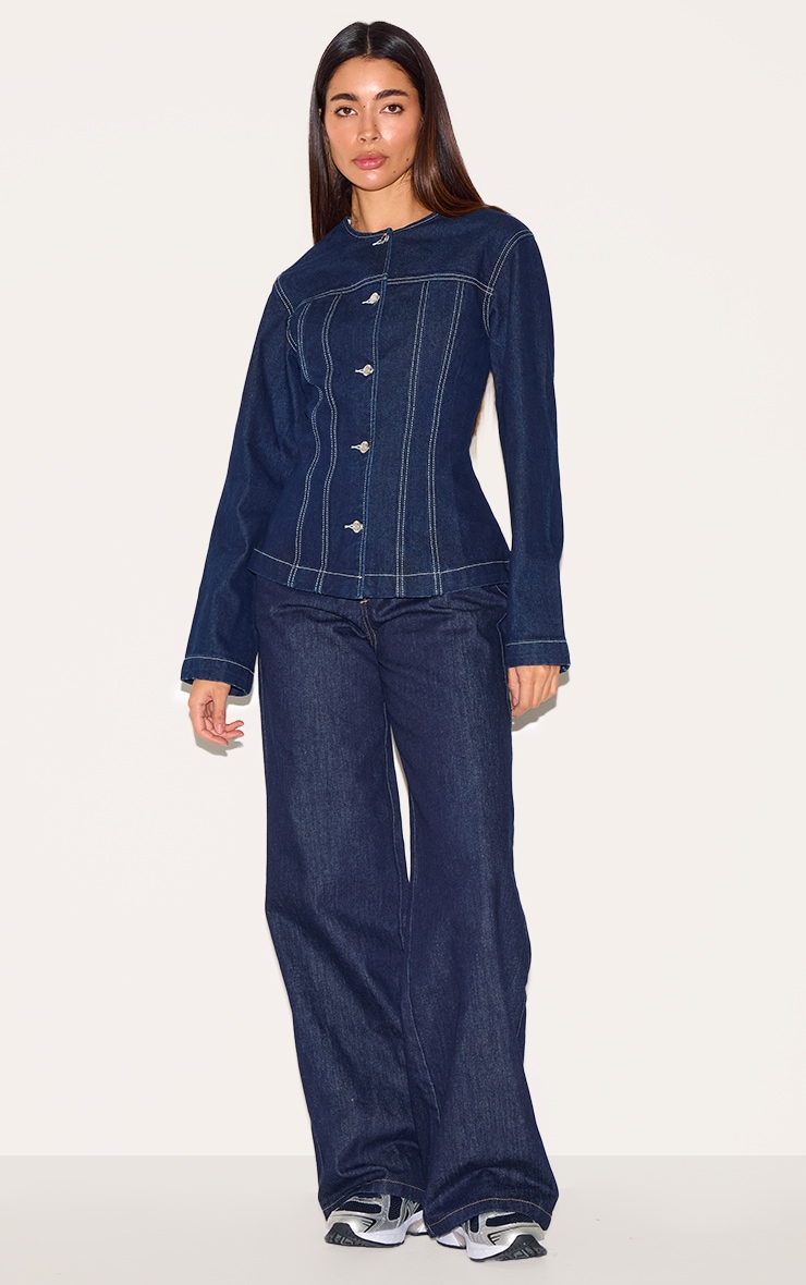 Indigo Round Neck Cinched Long Sleeve Denim Jacket image 3