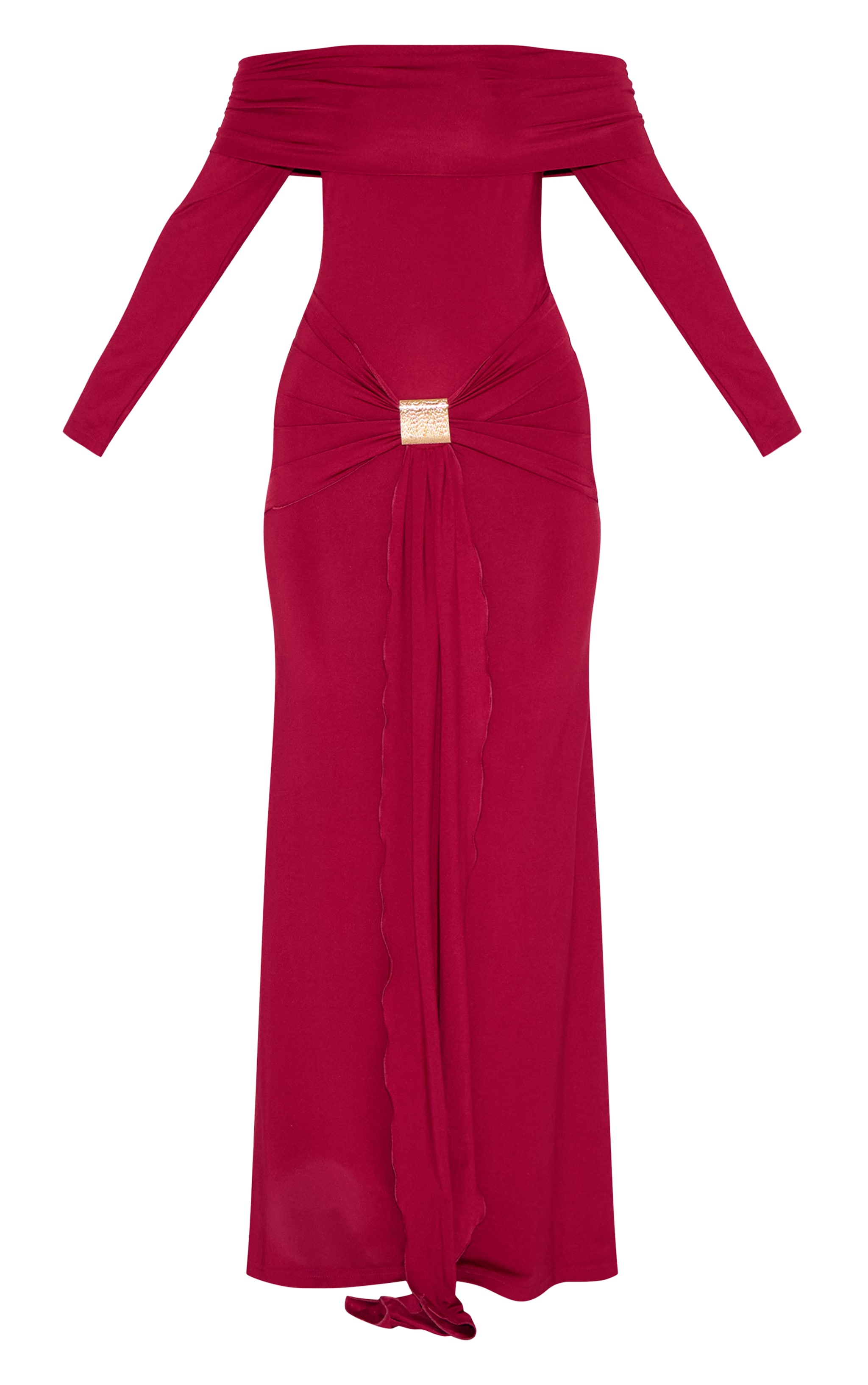 Deep Red Bardot Long Sleeve Trim Drape Detail Maxi Dress image 5