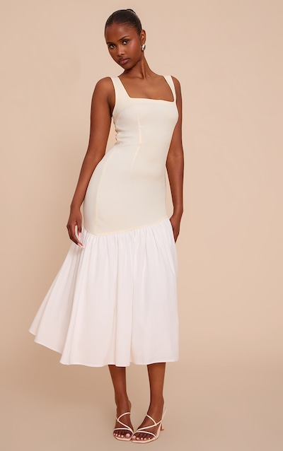 Robe mi-longue jaune citron à col carré et ourlet plissé contrastant