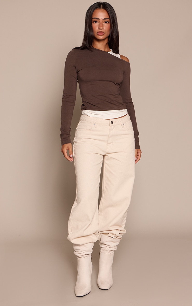 Petite Sand Contrast Double Layer Long Sleeve Asymmetric Top image 3