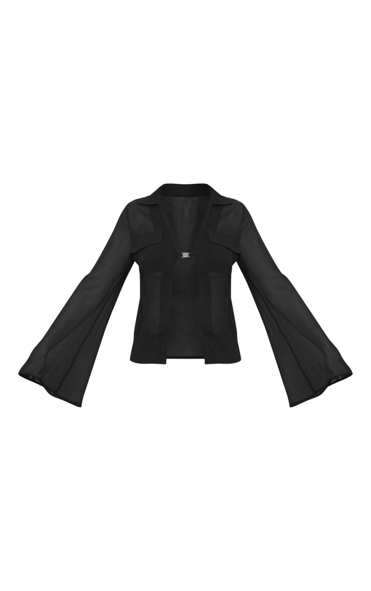 Black Chiffon Flare Sleeve Hardware Detail Shirt image 1