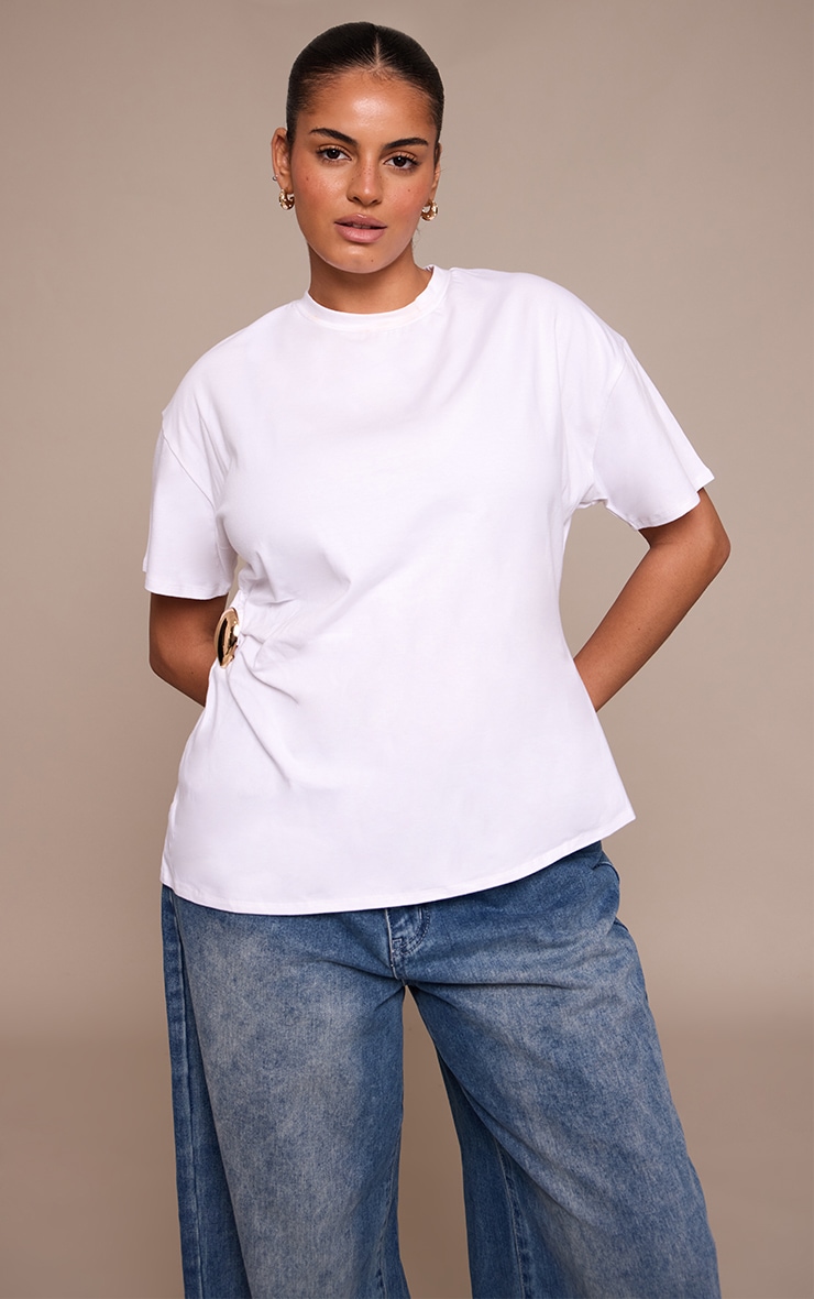 Plus White Trim Detail Asymmetric Hem T Shirt