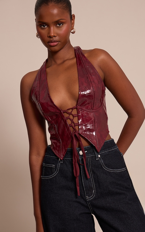 Wine Faux Leather Lace Up Plunge Halterneck Top