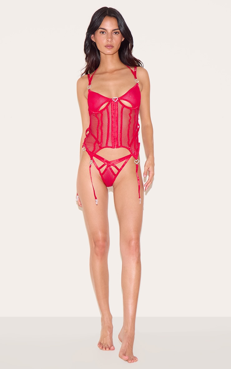 Red Fishnet Diamante Heart Corset Lingerie Set image 3