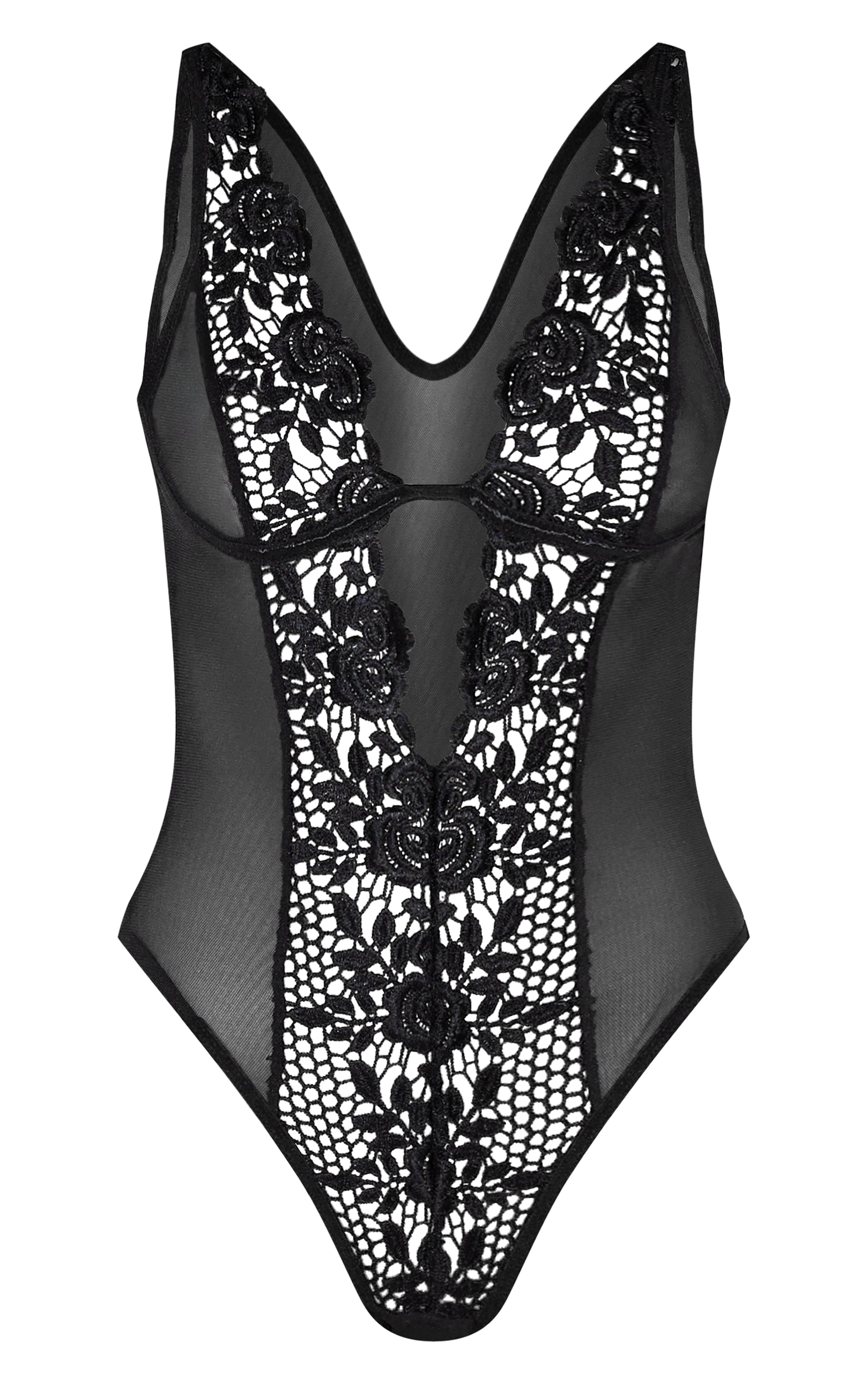 Black Mesh Deep Plunge Crochet Lace Bodysuit image 5