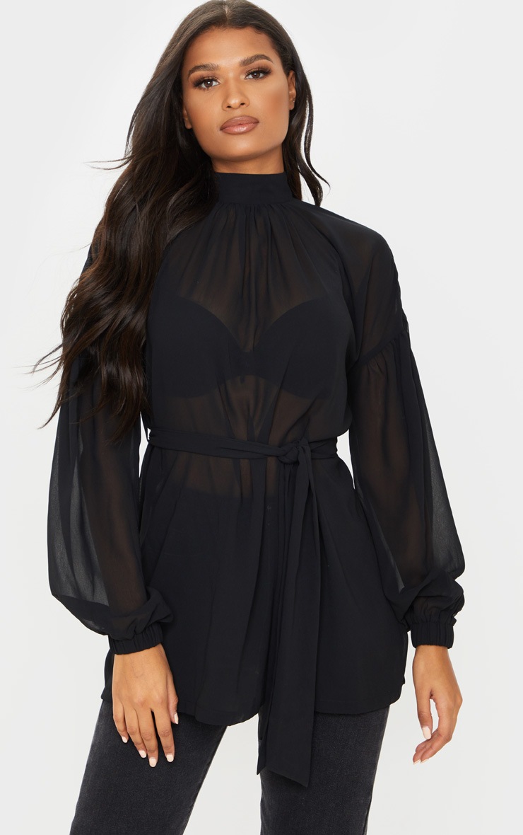 Chemise oversize en mousseline de soie noire à manches resserrées