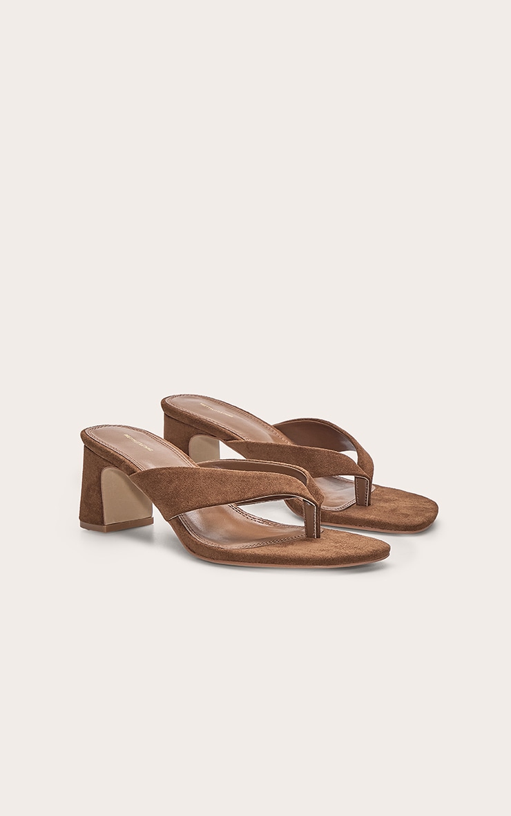 Tan Faux Suede Low Block Heel Toe Thong Mules image 3