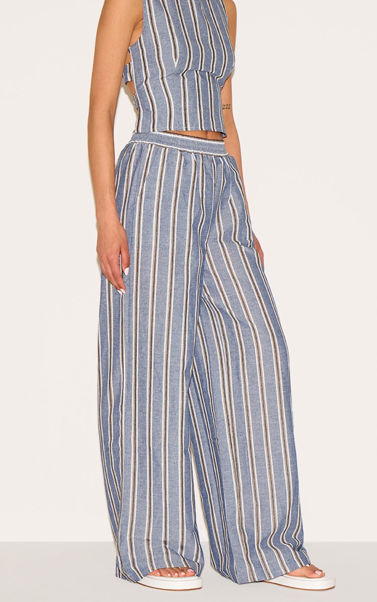 Tall Blue Linen Look Striped Wide Leg Pants image 2
