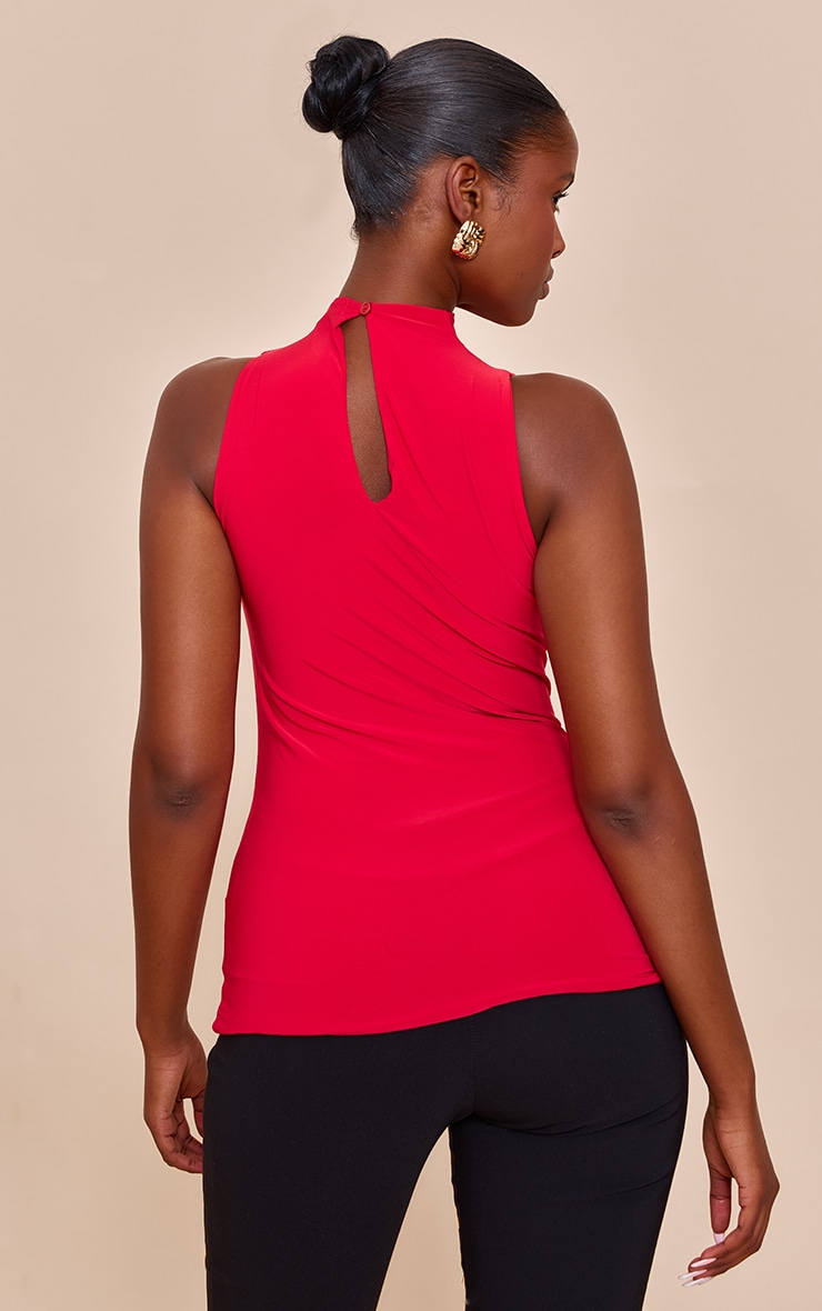 Tomato Red Double Layer Slinky Drapey High Neck Top image 2