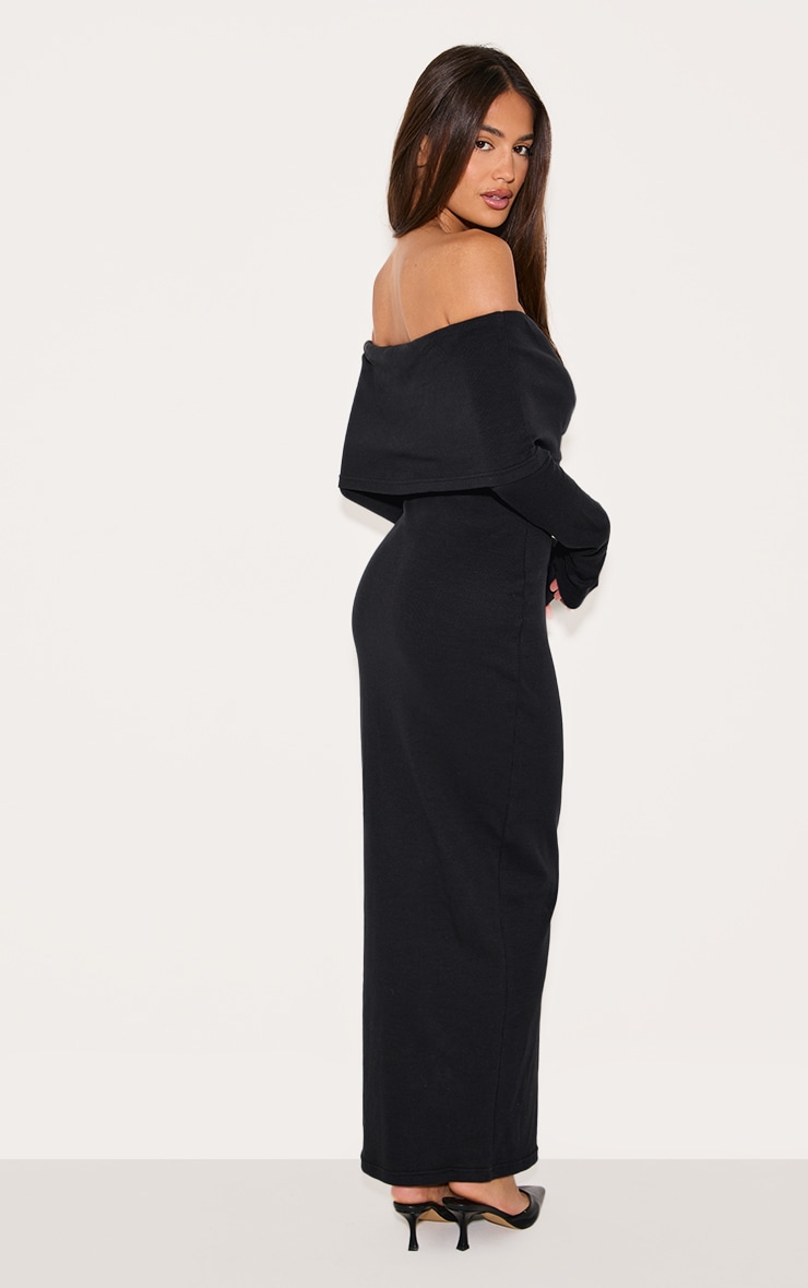 Black Rib Fold Over Bardot Button Maxi Dress image 2