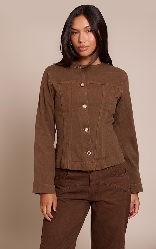  Dark Khaki Asymmetric Button Collarless Denim Shirt