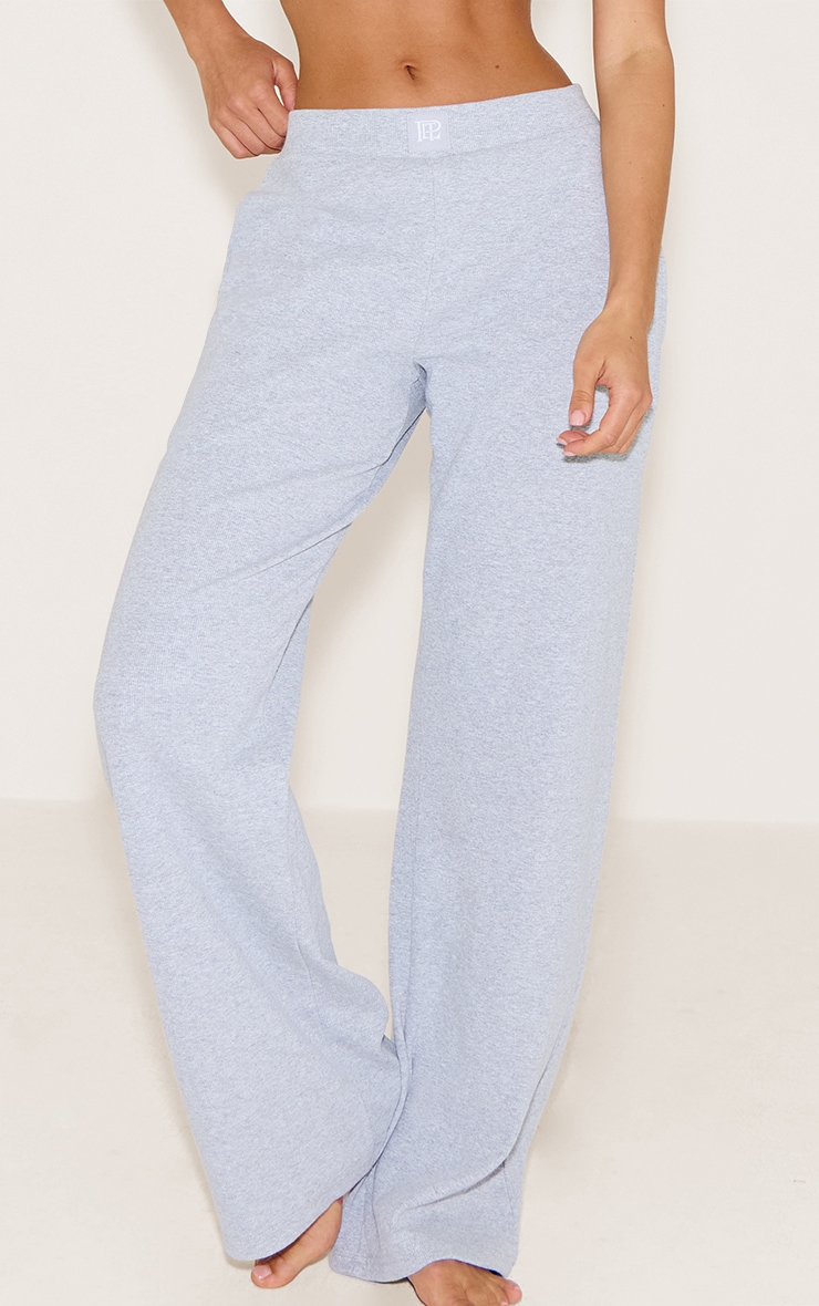 PrettyLittleThing Grey Sleep Rib Tonal Elastic Wide Leg Pants image 2