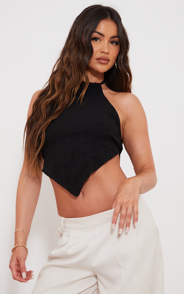 Black Textured Woven Halter Tie Crop Top image 1