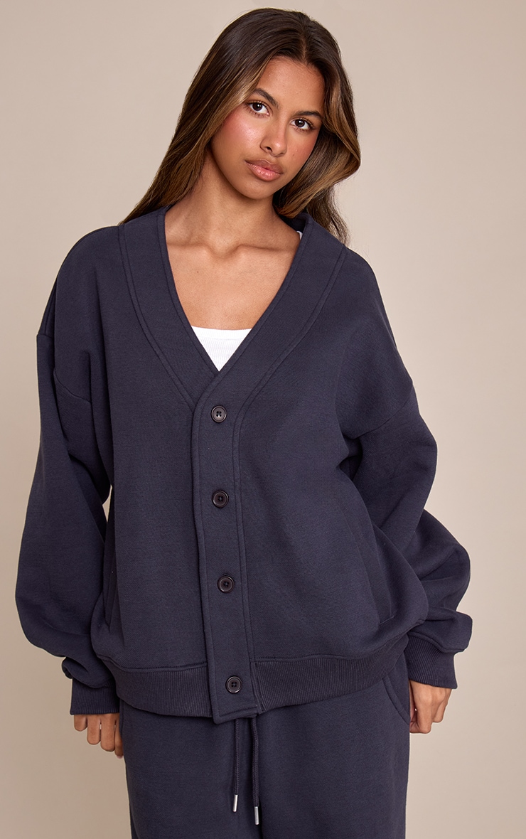 Petite Dark Navy Button Up Side Pocket Sweatshirt image 1