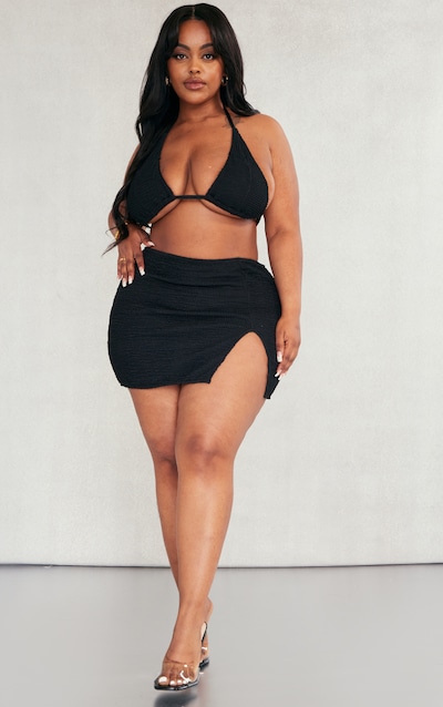 Plus Black Textured Side Split Beach Skirt