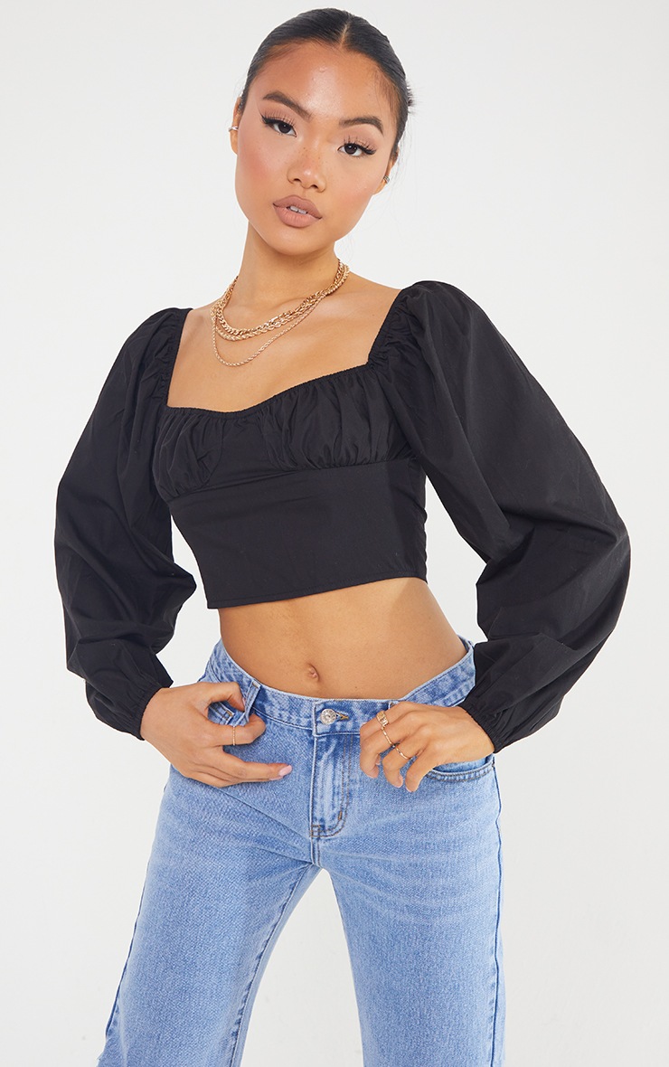 Petite - Crop top en coton noir à détail bustier