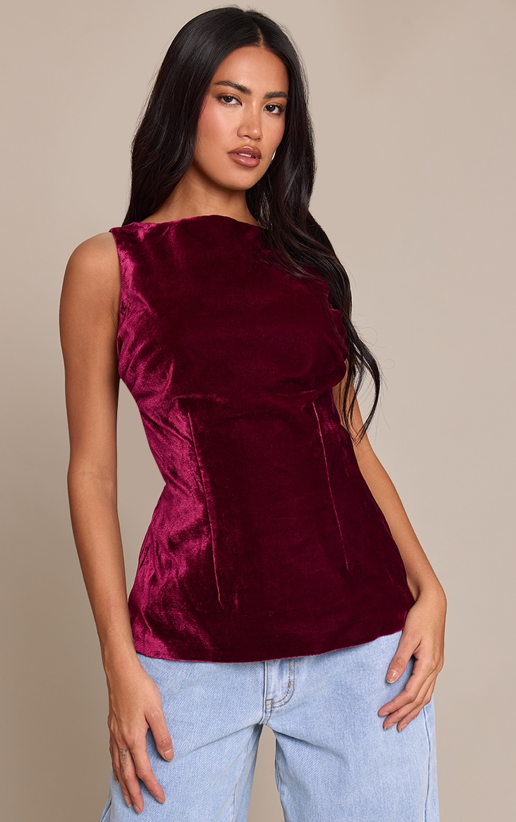 Deep Wine Velvet Boatneck Fitted Top
